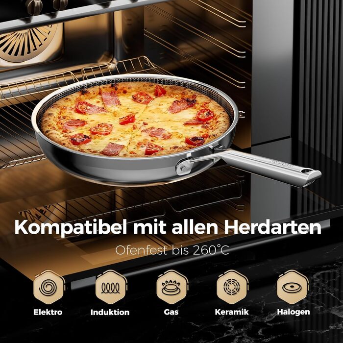 Набір сковорідок DiamondTitan з нержавіючої сталі, 3 шт. (20+24+28 см), антипригарне покриття з кераміки, для всіх типів плит, лазерне різьблення у вигляді стільникової структури, не нагрівається ручка, придатні для миття в посудомийній машині