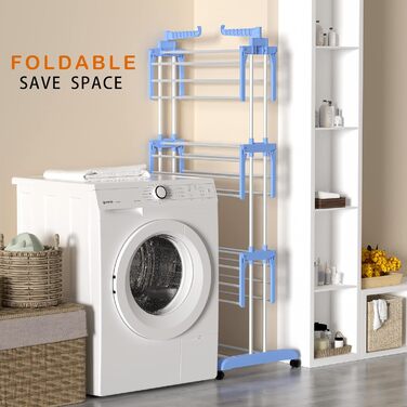 Вертикальна сушарка для білизни SIMPDIY з 6 складаними крилами та колесами, підлогова баштова сушарка для одягу для дому та вулиці, синя