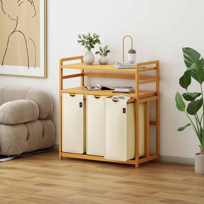 Кошик для білизни AdelDream 150L з 3 відділеннями, висувні полиці та знімний мішок для білизни, бамбуковий каркас, бежевий