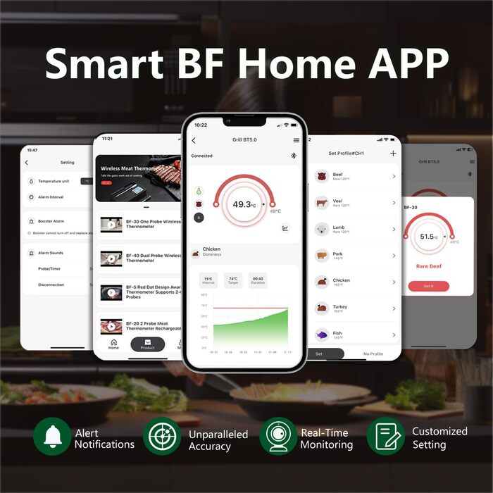 Термометр для м'яса BFOUR BF-30 PRO: бездротовий Bluetooth термометр-щуп з LCD-дисплеєм, IP67 водонепроникний, для приготування на грилі, в духовці, на кухні (зелений)