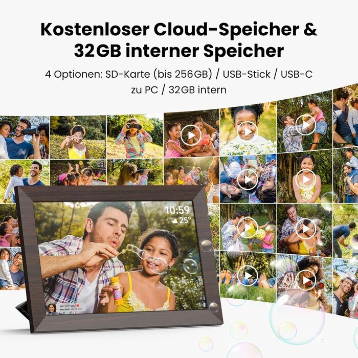 Frameo Цифровий фоторамка WiFi, 10.1 дюйма, HD IPS сенсорний екран, 32 ГБ пам'яті, автоматичне обертання, хмарна підтримка, віддалене завантаження фото та відео
