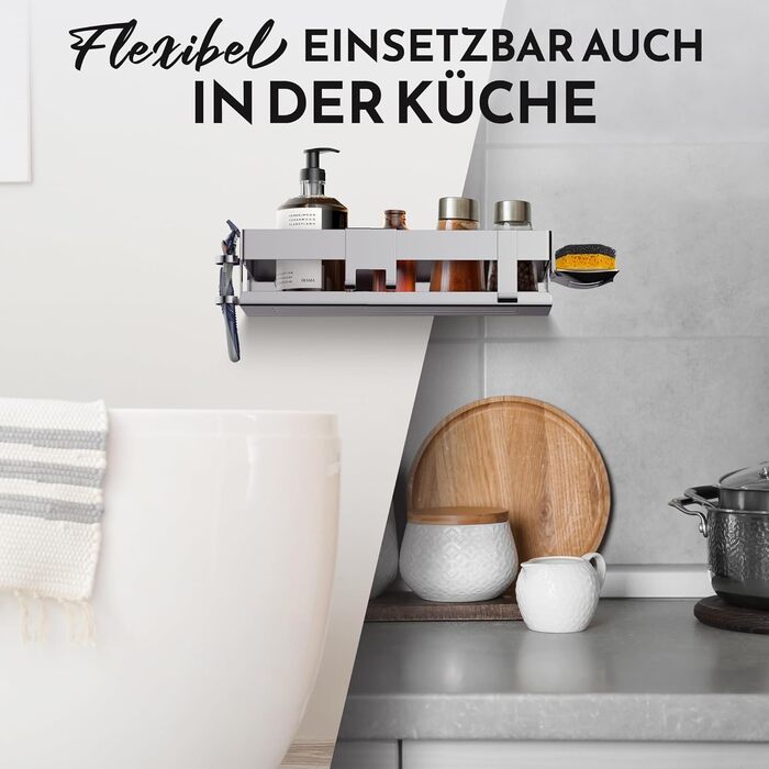 Набір для зберігання в душі Henal 5 в 1: поличка, тримач для бритви, для скребка, мильниці та гачка. Нержавіюча сталь, матове покриття, без свердління. Організатор для ванної кімнати XXL