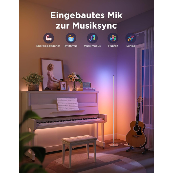 Govee RGBIC LED Торшер WiFi, Диммування, Alexa & Matter, 16 млн кольорів, 85 режимів, Музичний режим, DIY, для вітальні, спальні, геймінгу (Срібний, 1 шт)