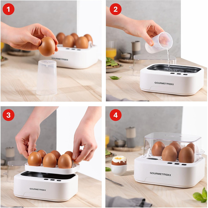 Електричний яйцеварка Gourmetmaxx на 6 яєць зі звуковим сповіщенням | Яйцеварка з функцією діркопроколювача, мірним стаканом та голосовим оповіщенням | 3 ступені нагріву для ідеально зварених яєць | Легке очищення та зручне використання