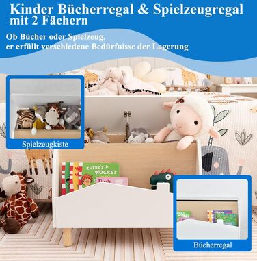 Дитяче книжкове та іграшкове шафка SOARS 2 в 1, білий, 60 x 30 x 44 см. Масивні дерев'яні ніжки, органайзер для іграшок з кришкою та відкритими полицями. Шафа для дитячої кімнати.