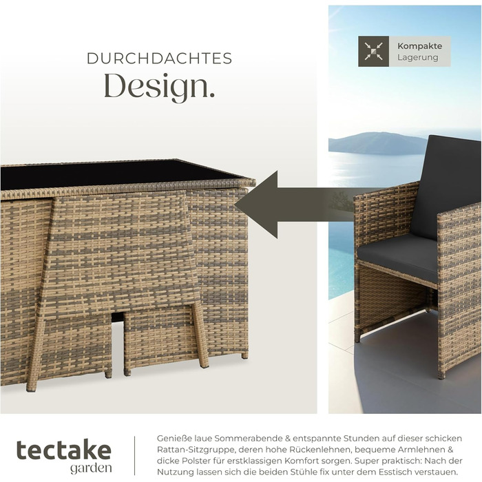 Диванний комплект tectake Poly Rattan для 2 осіб, компактний, 2 крісла та стіл, стійкий до погодних умов - чорний