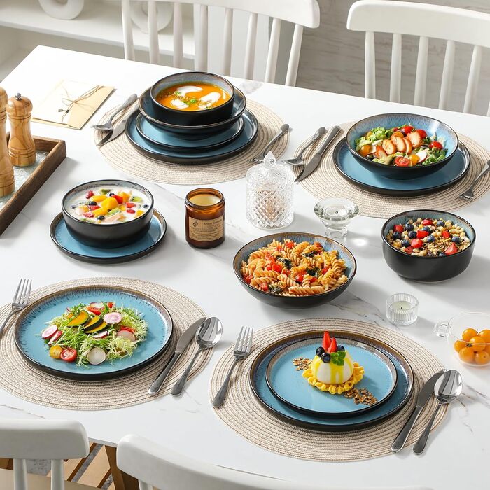 Набір посуду Steingut vancasso AMBER на 6 осіб (24 шт.) - тарілки, супові тарілки, десертні тарілки, миски, реактивна глазур, блакитний колір, придатний для миття в посудомийній машині