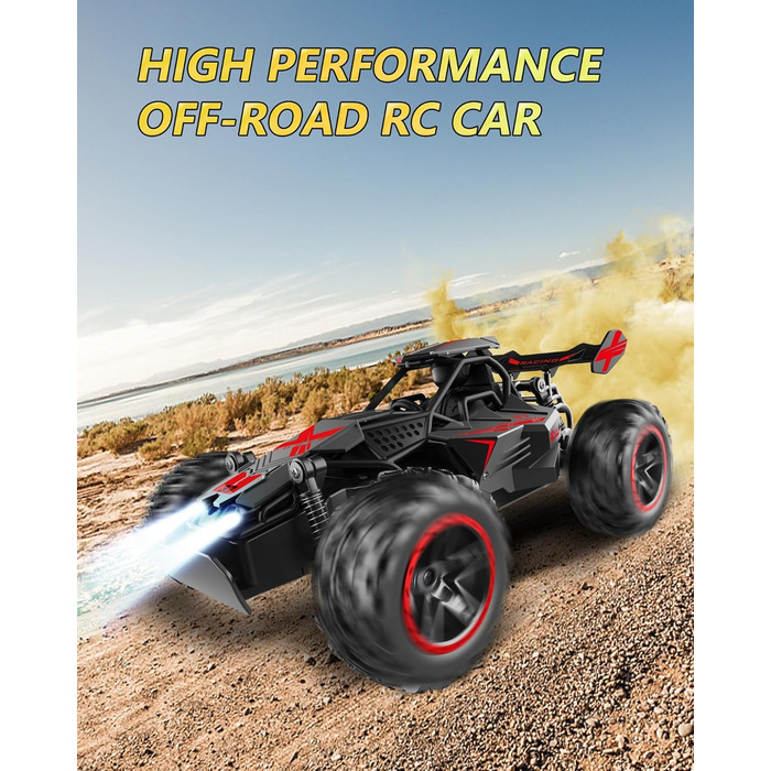 RC Автомобіль на радіокеруванні 2.4GHz, Monstertruck 15+ км/год зі світлодіодами, іграшка для хлопчиків, чорно-червоний (сірий/зелений)