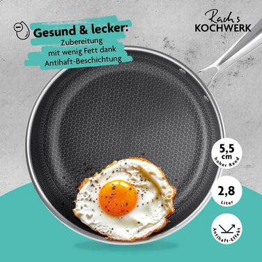 Сковорода Kochwerk Rachs з рифленою поверхнею ⌀28 см | Сковорода з нержавіючої сталі з антипригарним покриттям та високим бортиком | Підходить для всіх типів плит | Стійка до подряпин та придатна для духовки | З рецептами ⌀28 см