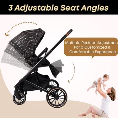 Дитяча коляска 2-в-1 BabyVoyage з люлькою та прогулянковим блоком, поворотні колеса 360°, амортизація, регульована ручка, складана, аксесуари, колір зелений (чорний-золотий)