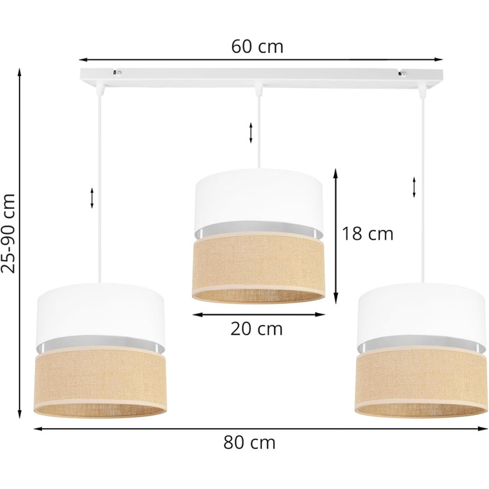 Підвісний світильник Light-Home Juta - Стельовий світильник - Металевий підвісний світильник з тканинним абажуром - E27 - Класичний 3-Light 20 см - Чорний п'єдестал - (Білий джут, біла основа - 3-полум'я)