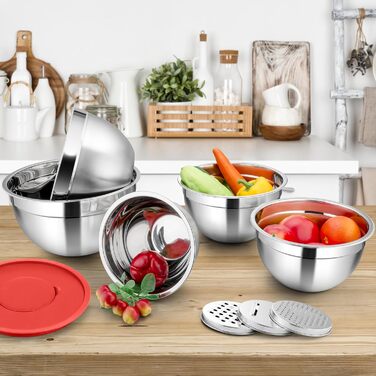 Набір мисок Homikit, 5 шт. з нержавіючої сталі, з кришкою та силіконовим дном, мультифункціональний, для салатів, 6.6L / 3.5L / 2.5L / 1.5L / 1L (червоний, з 3 тертками)