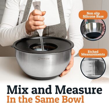 Набір міксерів Priority Chef з нержавіючої сталі з кришками, 3 тертки, герметичні кришки, силіконова неслизька основа, набір для змішування, великі металеві миски для кухні, чорний