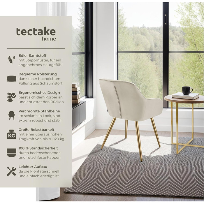 Тектейк® Крісло з велюру, комплект 2 шт., кремово-золотий колір. Сучасні кухонні стільці, крісла для вітальні, стільці для туалетного столика.