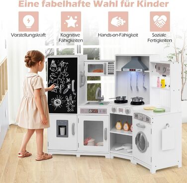 Детська дерев'яна кухня COSTWAY з підсвіткою та звуком, кутова кухня з табло, мікрохвильовою піччю, раковиною, духовкою та місцем для зберігання, з аксесуарами, іграшкова кухня для дітей від 3 років (біла)