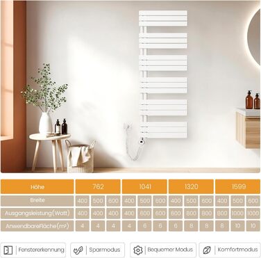 Електричний рушникосушар EMKE з термостатом, 1320x500 мм, білий, 800W (модель з Wi-Fi)