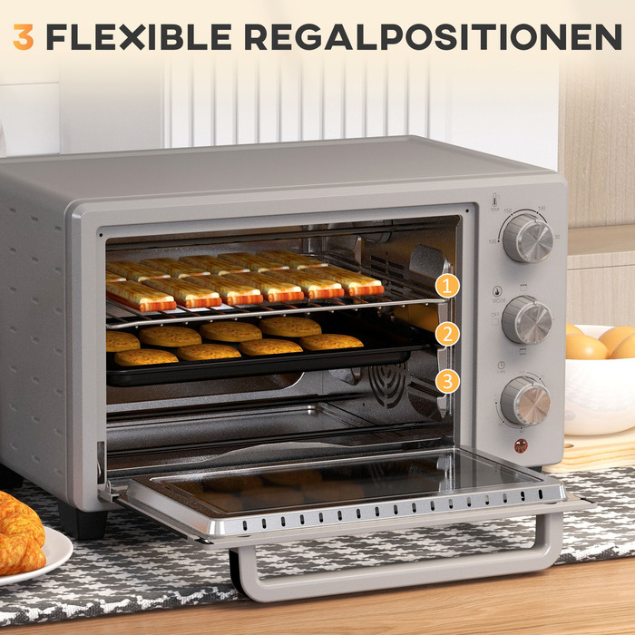 Міні-піч HOMCOM об'ємом 21 л, з регулюванням температури від 100°C до 230°C, таймером на 1 годину, 3 режимами приготування, решіткою, декою, нержавіючою сталлю, розмірами 46 x 38,5 x 29 см, срібна | Aosom