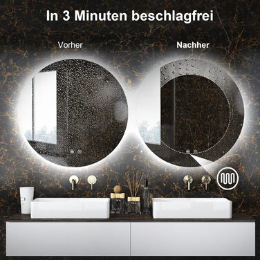 LED дзеркало для ванної кімнати з підсвічуванням Round - регульоване з 3 кольорами світла (3500K-6500K), сенсорне управління, запобігання запотіванню - дзеркало для ванної кімнати з підсвічуванням для макіяжу та гоління (70см фонове освітлення)