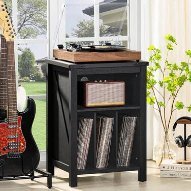 Підставка для програвача вінілу з місцем для платівок, чорна. Місце для 160 платівок. Дерев'яна підставка-шафа для програвача, полиця для вітальні, спальні, офісу