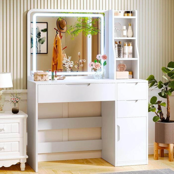 Білий туалетний столик для макіяжу з LED-підсвічуванням та дзеркалом | 3 ящики, 3 полиці, шафка | Столик для макіяжу для спальні