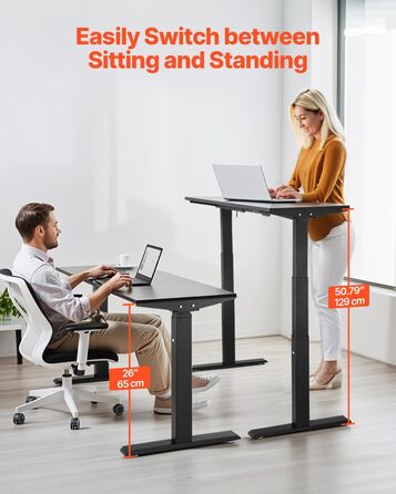 Електричний стіл VEVOR з подвійним мотором, регульована висота 65-129 см та довжина 110-178 см, чорний, для офісу та дому