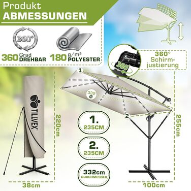 Прямокутна алюмінієва парасолька від сонця tillvex® 330 см з LED-підсвіткою, ручкою та чохлом, боковий стілець-опора, захист від UV та води (Taupe)