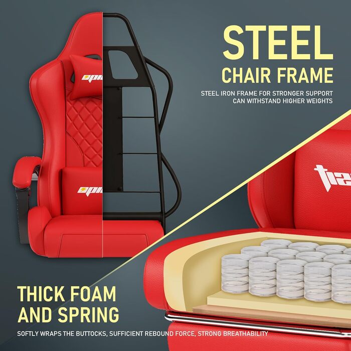 Ігровий крісло, комп'ютерне ігрове крісло з підніжкою, регульованими підлокітниками та підтримкою попереку, ергономічне офісне крісло з високою спинкою для дорослих, велике та високе крісло для столу (Червоний)