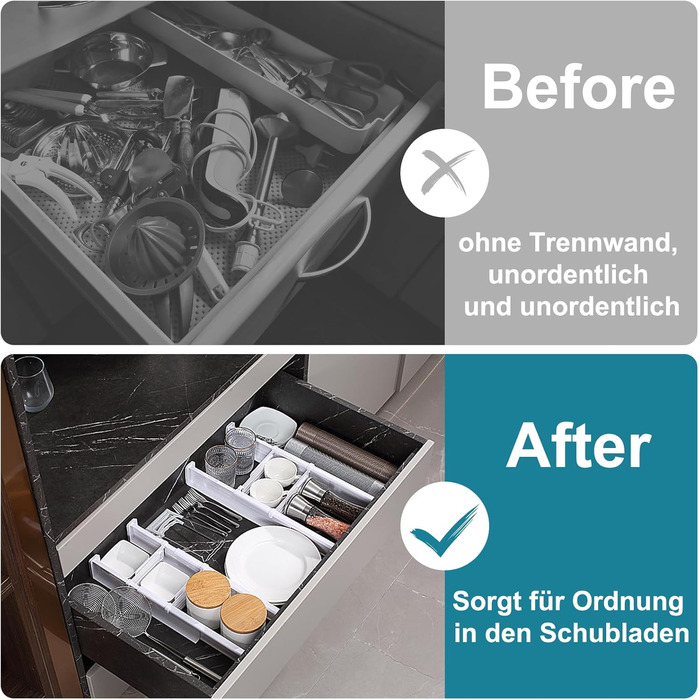 Організатори для ящиків MOFELON (8 шт.), регульовані роздільники для ящиків (33-58.5 см, 6.4 см H), система організації для шаф, комодів, кухні, спальні, ванної кімнати - білий