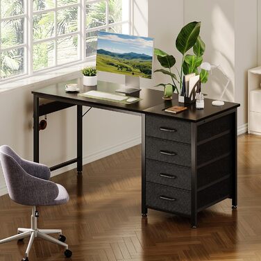 Письмовий стіл ODK з 4 шухлядами 120x48x75.7 см, комп'ютерний стіл з тримачем для навушників, офісний стіл з дерева для дому, білий (чорний)