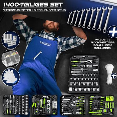 Набір інструментів MASKO 1400 предметів в алюмінієвому кейсі на колесах: професійний інструментальний візок для дому, майстерні, автосервісу