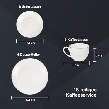 Сервіз для кави на 6 осіб, 18 предметів, білий з чорним обідком. Включає: 6 тарілок для десерту, 6 чашок, 6 підставок.