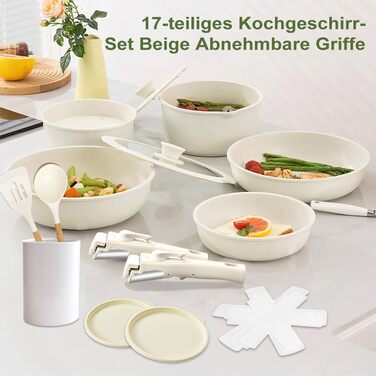 Набір посуду MDHAND 17 частин з гранітною емалевою поверхнею, антипригарне покриття, знімні ручки. Включає сковорідки, каструлі та супові горщики для приготування, смаження та тушкування.