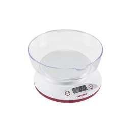 Цифрові кухонні ваги BEPER BP.802, знімна прозора чаша, тверда та рідка їжа, високоточний датчик, до 5 кг, РК-дисплей, одиниця Gram & Libre, білий/червоний