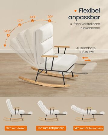 Крісло-гойдалка SONGMICS HOME з дерева каучука, флісова оббивка, регульована спинка, до 160 кг, для спальні/вітальні, LYY016LJ01 (кремовий)