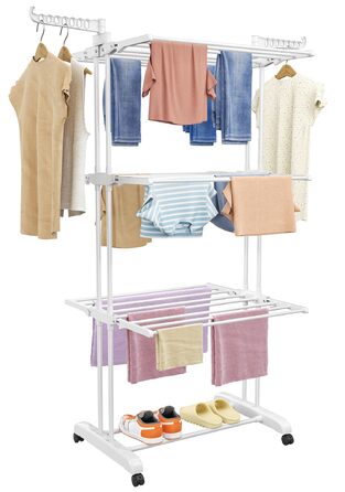 Сушарка для білизни SIMPDIY вертикальна баштового типу, розкладна сушарка з 6 крилами та 2 бічними панелями на колесах для дому та вулиці, біла