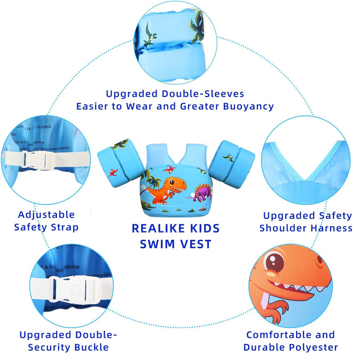 Реалістичний рятувальний жилет для малюків з крилами, вага 13-32 кг (барвистий динозавр)