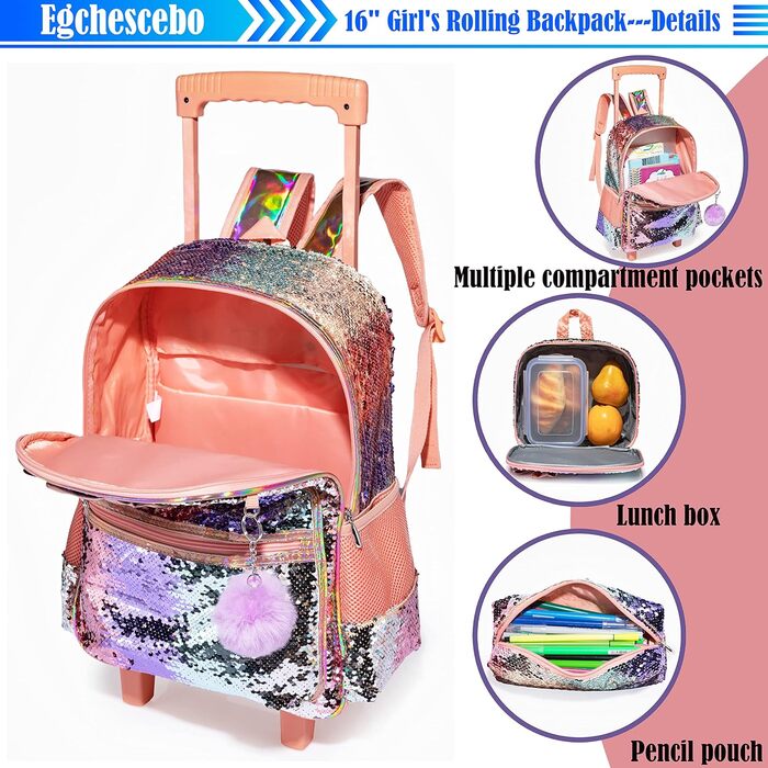 Дитячий рюкзак Egchescebo Satchel для дівчаток на колесах 17 3PCS Туристичні рюкзаки (Hudiejie-xiangbinse)