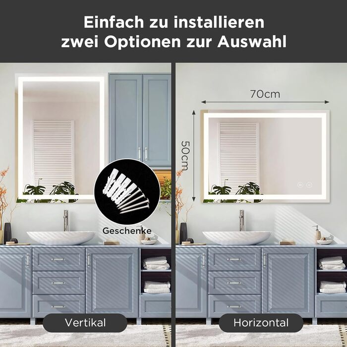 Дзеркало у ванну кімнату з підсвічуванням 50x70 см, сенсорне керування, протитуманне покриття, 3 кольори світла, регулювання яскравості, пам'ять налаштувань, матове покриття, прямокутна форма