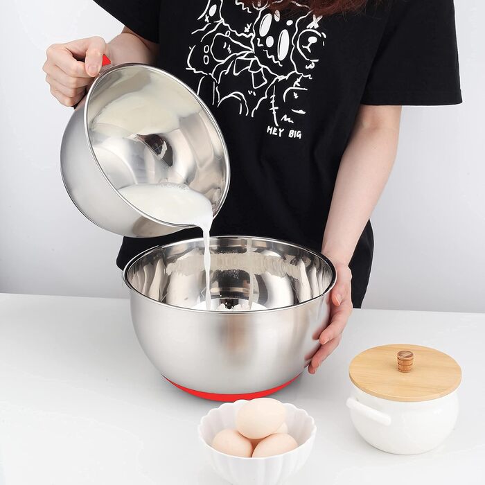 Набір мисок для перемішування HAPPY KIT з кришкою, 18/8 нержавіюча сталь, з виливом, протиковзкий, з 3 тертками, мірними позначками, розмір 5, 3QT (чорний), 2 шт.