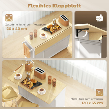 Мобільний кухонний острівець з розширюваною поверхнею, шафки, ящики, тримач для рушників, кухонна візок з МДФ, білий