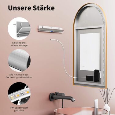 Дзеркало для ванної кімнати LED HOKO Design Turin, овальне, 45x75 см, матовий чорний, з підсвічуванням, сенсорне керування, зміна кольору світла (тепле/холодне/нейтральне), антизапарювання, монтаж HOCH+QUER