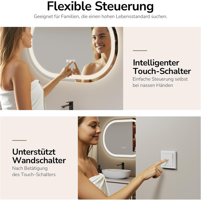 EMKE Дзеркало для ванної кімнати з підсвічуванням 50x90 см овальне з сенсорним вимикачем, 3 кольори світла, регулювання яскравості, антизапарник, функція пам'яті, автоматичне вимкнення через 3 години