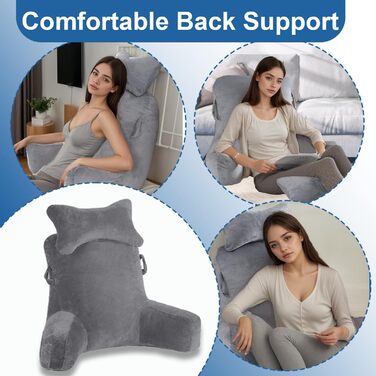 Лежак для читання в ліжко, 90 x 80 см (ДxВ) XXL подушка для спини, диван для дорослих з підлокітниками та знімною подушкою для шиї, спинка для читання з кишенею для ліжка, дивану, підлоги та стільця, світло-сірий