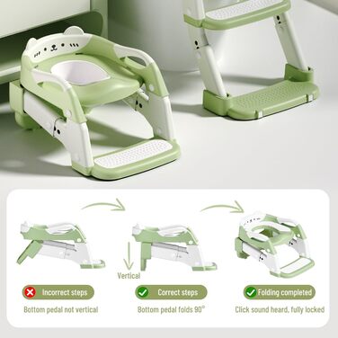 Дитячий унітаз-сходи 3-в-1 з ручками, регульована висота, зелений. Тренажер для привчання до туалету, складаний сидіння.