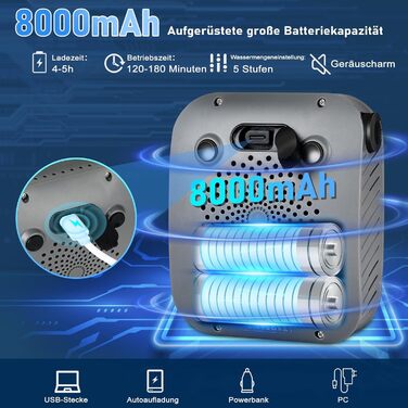 Портативна душова кабіна для кемпінгу Spopal з акумулятором 8000mAh, насосом та індикатором температури. Комплект для відпочинку на природі, автомийки, пляжу, подорожей та догляду за тваринами (сірий)