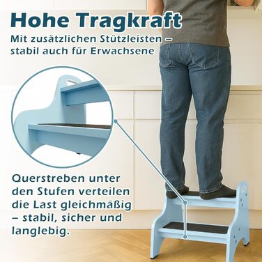 Дерев'яний трисходовий стільчик для дітей Tritthocker – безпечний, з антиковзним покриттям, для ванної та кухні, скандинавський дизайн, колір: натуральний (блакитний)