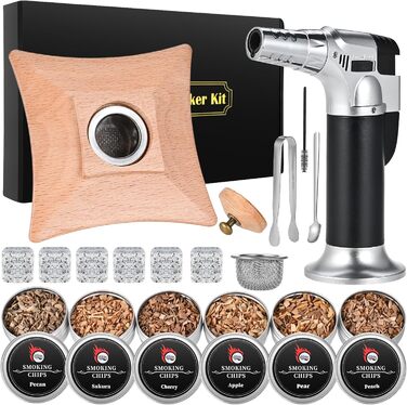 Набір для копчення коктейлів GOLDGE: набір для віскі з 6 видами дерев'яної стружки, ліхтарик, каміння для віскі. Подарунок для батька, чоловіка