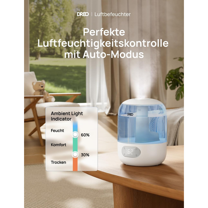 Зволожувач повітря Dreo для спальні, ультразвуковий холодний туман, 30 годин роботи, 3L резервуар з верхнім заповненням, датчик вологості, нічне світло для дітей, кімнати, рослин та дому (Blue)