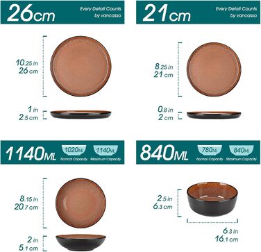 Набір посуду Vancasso AMBER 12 осіб, 48 предметів: тарілки обідні, десертні, супові, миски, червоний, реактивна глазур, для посудомийної машини