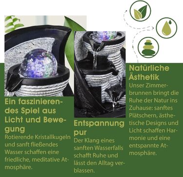 Настільний фонтан BMF-VERSAND® з RGB підсвічуванням та обертовою скляною кулею – декоративна лампа з RGB LED, кімнатний фонтан з підсвічуванням, сірий колір, куля, 4 ступені